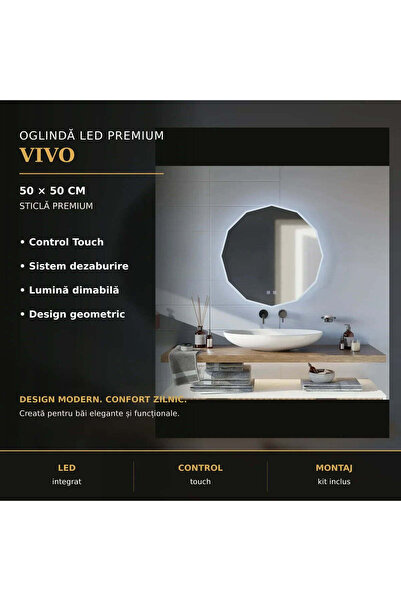 KORMAN Oglinda LED Rotunda, 50cm, VIVO Touch, Sistem Dezaburire, Dimabila