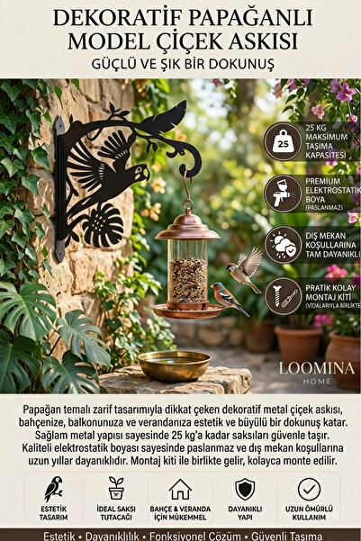 Loomina Home Metal Garden Flower and Lantern Hanger with Parrot Figure, Decor...