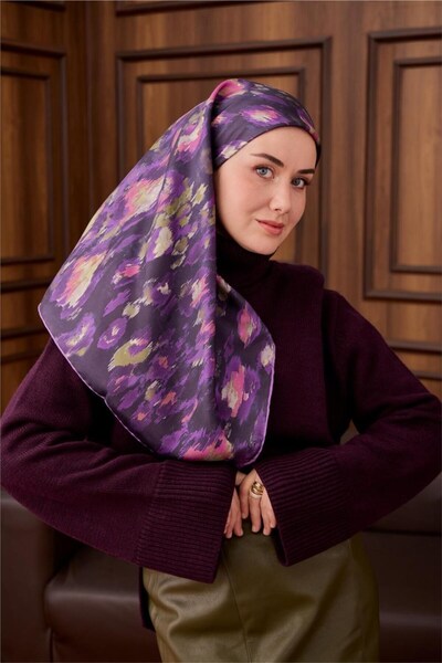 Silk Home Twill Silk Scarf Dark Purple-Violet Patterned Tok Duruşlu 90X90