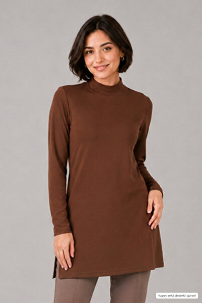 penyebizden Premium Viscose High Collar Long Tunic-Brown