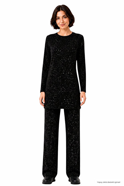 penyebizden Viscose Tunic & Trousers Set-Black Glitter