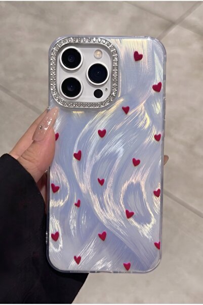KVK PRİVACY iPhone 14 Pro Max Kırmızı Kalpli Kılıf Taşlı Kamera Çerçeveli Est...