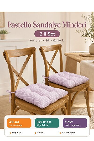 UYKUPEREST Pastello 2'li Sandalye Minderi 40x40 Bağcıklı Pofidik Pamuk Yıkana...