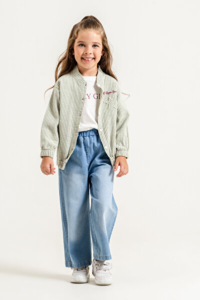 Jikko Baby Girl's Star Detailed Striped Jacket and Wide Leg Jeans 3-Piece Set...