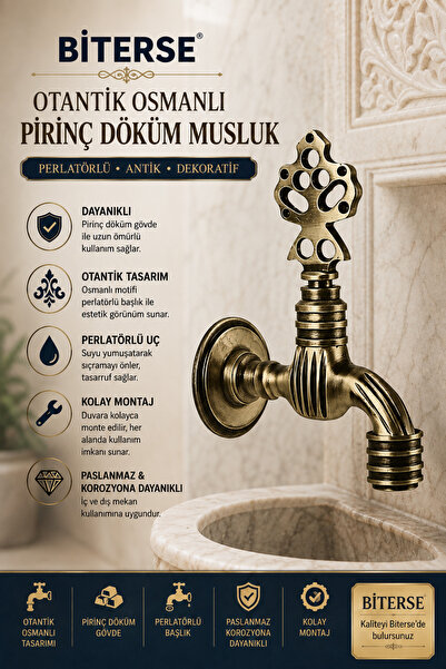 BİTERSE Otantik Osmanlı Motifli Perlatörlü Pirinç Döküm Musluk Başlığı Antik