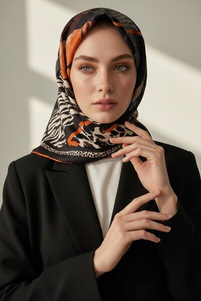 Vissona %100 Twill İpek Ekoseli Ve Leopar Desenli Siyah - Taba Renkli 90x90 E...