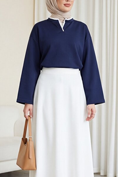 Modamorfo V-Neck Double Layer 2-Thread Combed Cotton Blouse - Dark Blue