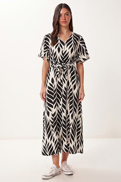 Lovelyİstanbul Φόρεμα πουκάμισο με σχέδια και ζώνη από βισκόζη LRN0046 ΜΑΥΡΟ ...