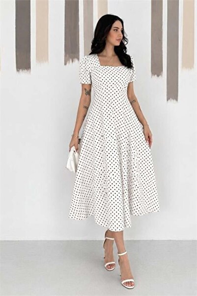 Dipmoda Γυναικείο λευκό φόρεμα με πουά σχέδιο, κοντομάνικο, με τετράγωνο γιακ...