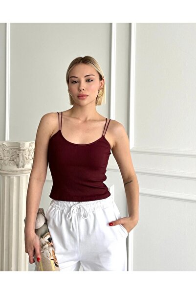 Noravelle Kadın Çift İp Askılı Esnek Kumaş Fitilli Likralı Crop Büstiyer