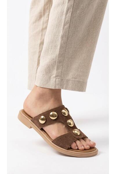 Adım Dünyası Γυναικείες Παντόφλες Χρυσό Κουμπί Σουέντ Πέτρινη Μαλακή Σόλα Πέτ...