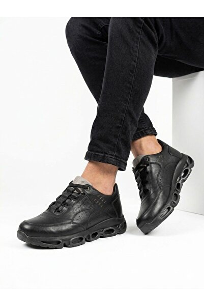 Lütfi Men's black genuine leather orthopedic daily sneaker shoes