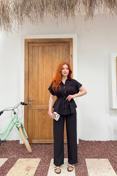 Lusin Γυναικείο Σετ Πουκάμισο με Μαύρη Ζώνη και Τσέπες, Παντελόνι με Φαρδιά Μ...