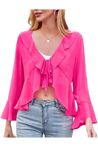 Kate Kasin Γυναικείο Σιφόν Μπολερό με δέσιμο μπροστά, μακριά μανίκια, βολάν κ...