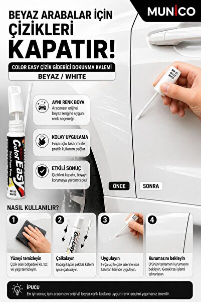 Munico 3 Adet Beyaz Araç Çizik Giderici Rötuş Kalemi 5 ml Metalik Beyaz Kapor...