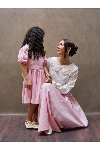 KÜÇÜĞÜM BUTİK Powder Pink Polka Dot Skirt and Girl's Collared Dress Mother-Daughter Combination (Sold as a Single Item)