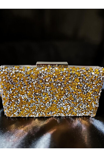 Dilora Sarı (Gold Ton) Kristal Taşlı Abiye Çanta – Zincir Askılı Işıltılı Clu...