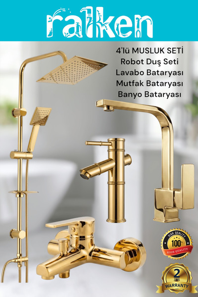 RALKEN 4’lü Batarya Seti Gold Altın Pirinç Banyo Bambu Lavabo Kare Mutfak Evi...