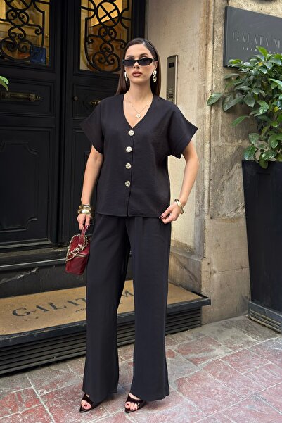 BEJNA Γυναικείο πουκάμισο με κοντό μανίκι με λεπτομέρεια στα κουμπιά, παντελό...