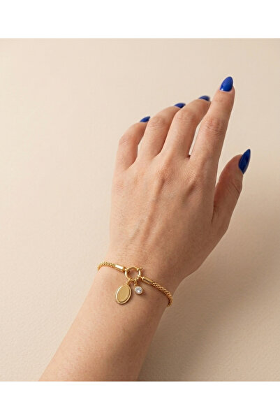 Home CMJewelry Kadın Gold Küp Zincir Plaka Detaylı Bileklik Zirkon Taşlı Mini...