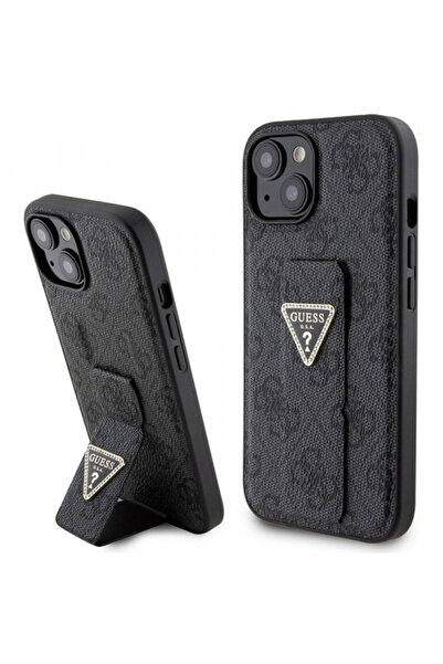 Stef's Cat Θήκη για Apple iPhone 15, Guess, Grip Stand 4G Triangle Strass, Μαύρο
