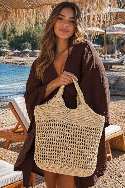 BALIENTE Μπεζ Χειροποίητη Πλεκτή Ψάθινη Γυναικεία Τσάντα