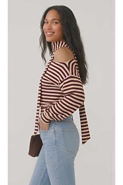 BLOUSE Fular Detaylı Çizgili Asimetrik Bluz