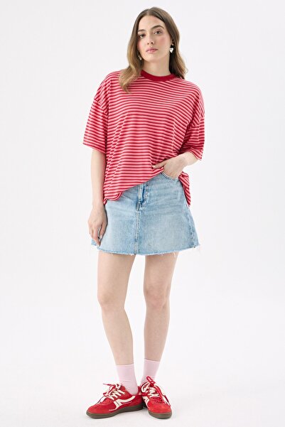 CrepTekstil Crep Kadın Kırmızı Çizgili Kısa Kollu T-Shirt Oversize Fit Yumuşak Örme Kumaş