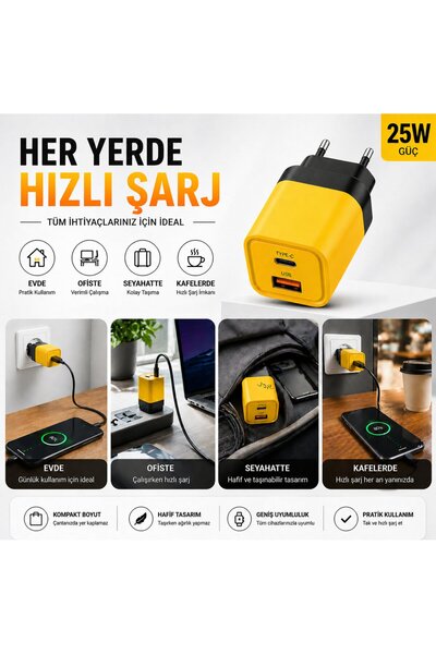 SMAYLİNG 5W Hızlı Şarj Adaptörü Type-C + USB Çift Girişli Akıllı Şarj Başlığı Kompakt Tasarım