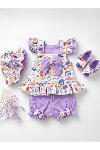 Mussora Baby Kız bebek Lila desenli 4'lü takım %100 Pamuk Müslin Kumaş!