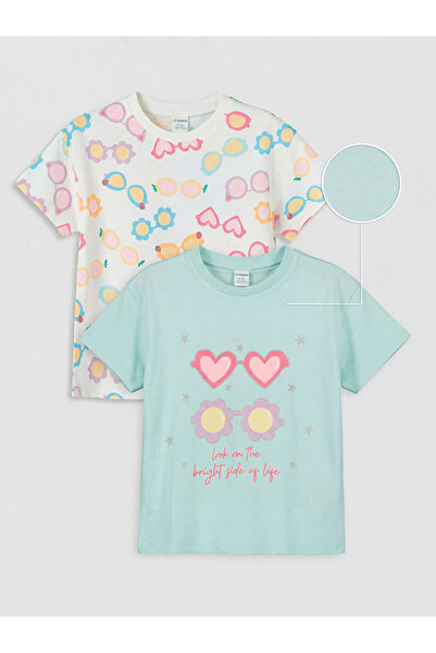 LC Waikiki Lcw Kidsturquoise Crew Neck Printed Girls' 2-Piece T-Shirt