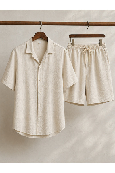 NO4 Linen 100% Cotton Organic Natural Breathable Soft Anti-Sweat Shirt Shorts Set