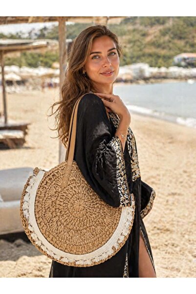 MARBERRY Γυναικεία τσάντα από ψάθινη ύφανση, στρογγυλή, πλεκτή στο χέρι, με λ...