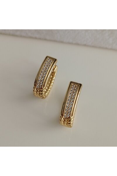 LENTE AKSESUAR Xuping Gold Rectangular Twist Detailed Zircon Stone Earrings