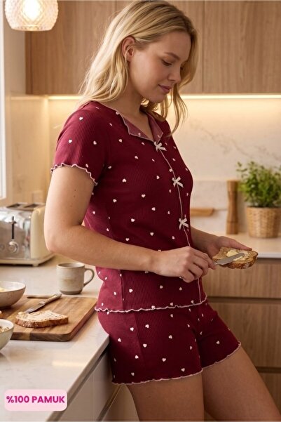 ÇAĞRI HOMEWEAR Γυναικείο σετ πιτζάμες με κοντό μανίκι και μίνι σορτς, με φιόγ...
