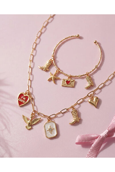 Gleemy accesories Altın Renk Popüler Charm Uçlu Şık Bileklik & Kolye Takı Seti