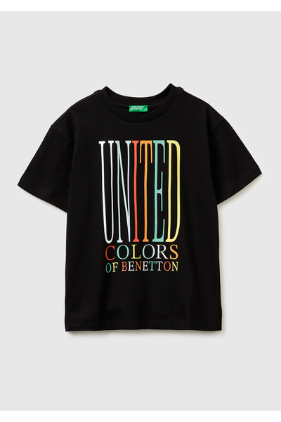United Colors of Benetton Μπλουζάκι για αγόρια με μαύρο λογότυπο στο μπροστιν...