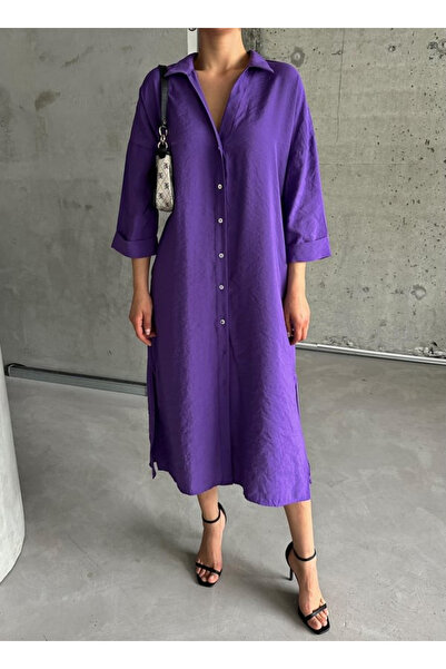 My Blog Purple Pocketed Buttoned Shirt Dress - 2603