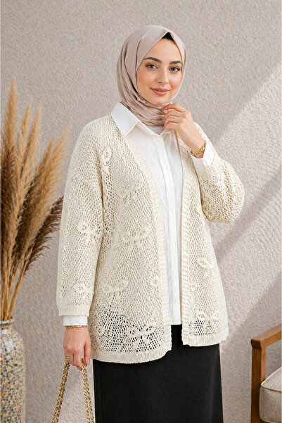 SADEL Deseni Fiyonk Detaylı Ajurlu Hırka - Krem
