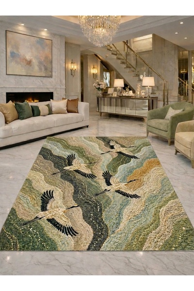 Rugs Modern Halı SDT Turna Kuşları ve Dalgalı Doğa Desenli Bej Yeşil Tonlu Do...