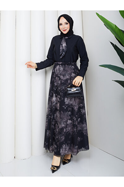 Mash Moda Kadın Tesettür Çiçek Desenli Tül Etek-Fularlı Gömlek Tesettür Elbis...