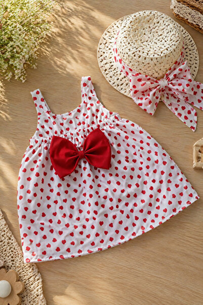 Mai Perla Baby Girl Kids Dress Heart Patterned Bow Detailed Straw Hat Dress (1-5) Age