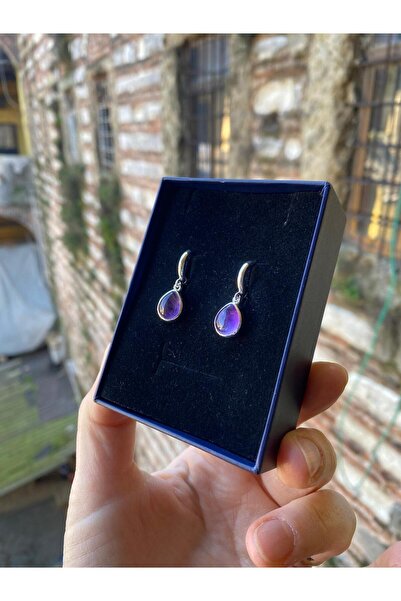 By Atölye Doğal Ametist Taşlı 925 Ayar Damla Model Gümüş Küpe