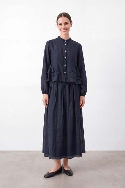 Soul Kadın Hakim Yaka Fırfır Detaylı Tencel Tunik Etek Takım – 32502TKS - NAVY
