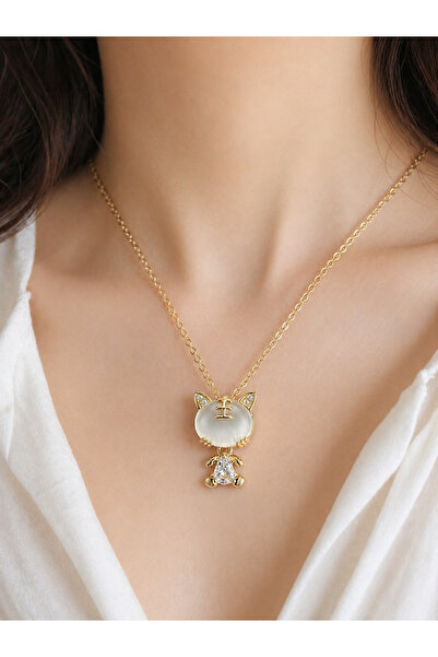 Yuchicly Cat Pattern Necklace Gold Color Quality Steel with Stone