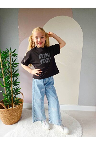Butik Girl's Crystal Stone Detailed Stonewashed Jean and 100% Cotton T-Shirt ...