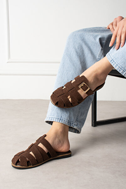Suuet Yewa Women's Slippers with Cross Straps and Gold Buckle Suede