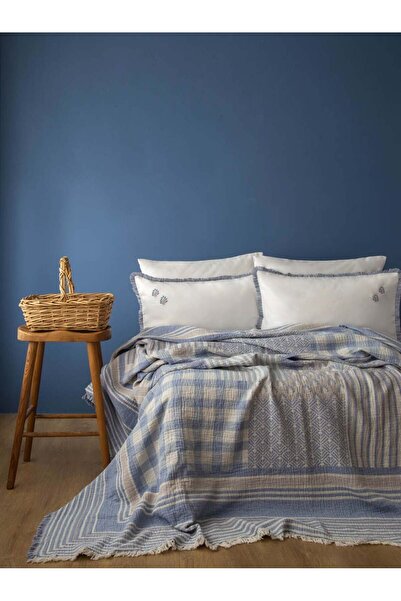 Apricitas HOME Çift Kişilik Yatak Örtüsü Lastikli Çarşaf Set Meredith Mavi 4 ...