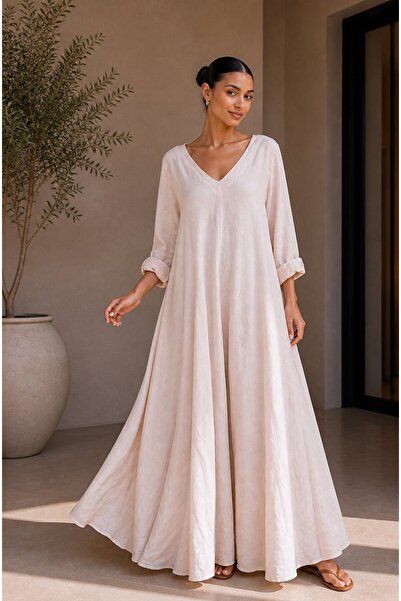 espoire butik kadın italyan keten uzun kloş elbise 44 46 48 bedenlere uyumludur