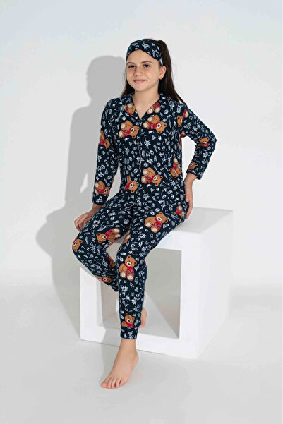 AZRA BUTİK Set de pijamale pentru fete cu model ursuleț bleumarin